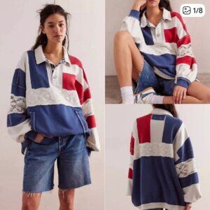 new WE THE FREE american dream crochet lace rugby polo shirt m way oversized